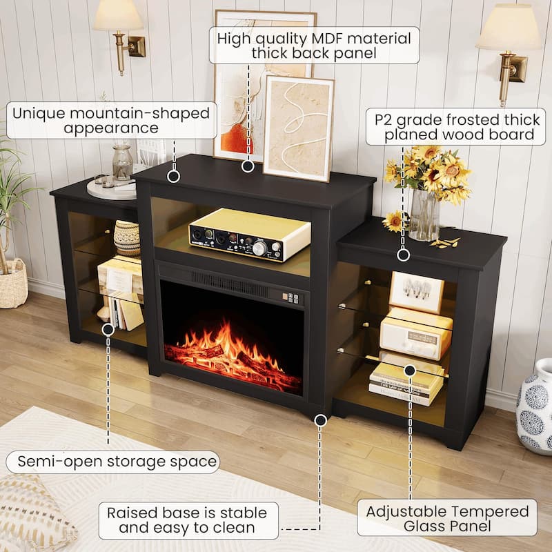 32" H Fireplace TV Stand, 55/70 Inch Media Console for TVs up to 80", Remote, Storage & LED Lights