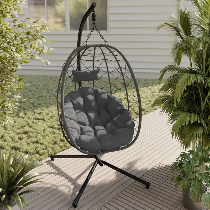 Summit Hanging Egg Swing Chair with Foldable Shell for Patio Balcony Backyard Garden Porch Home Office