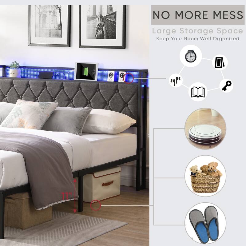 Dark Grey Queen Bed Frame with Storage Headboard