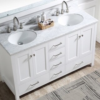 60" Double Bathroom Vanity, Carrera Marble Top W/ Ceramic Sink, White ...