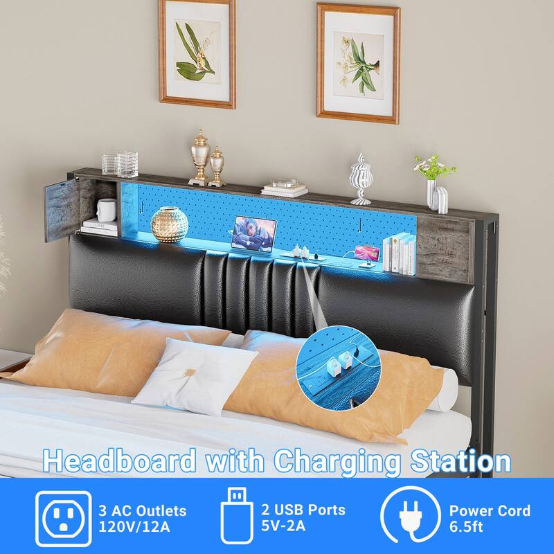 Upholstered Headboard with Storage Shelf and Small Cabinet, Headboard Power Outlet and LED Light