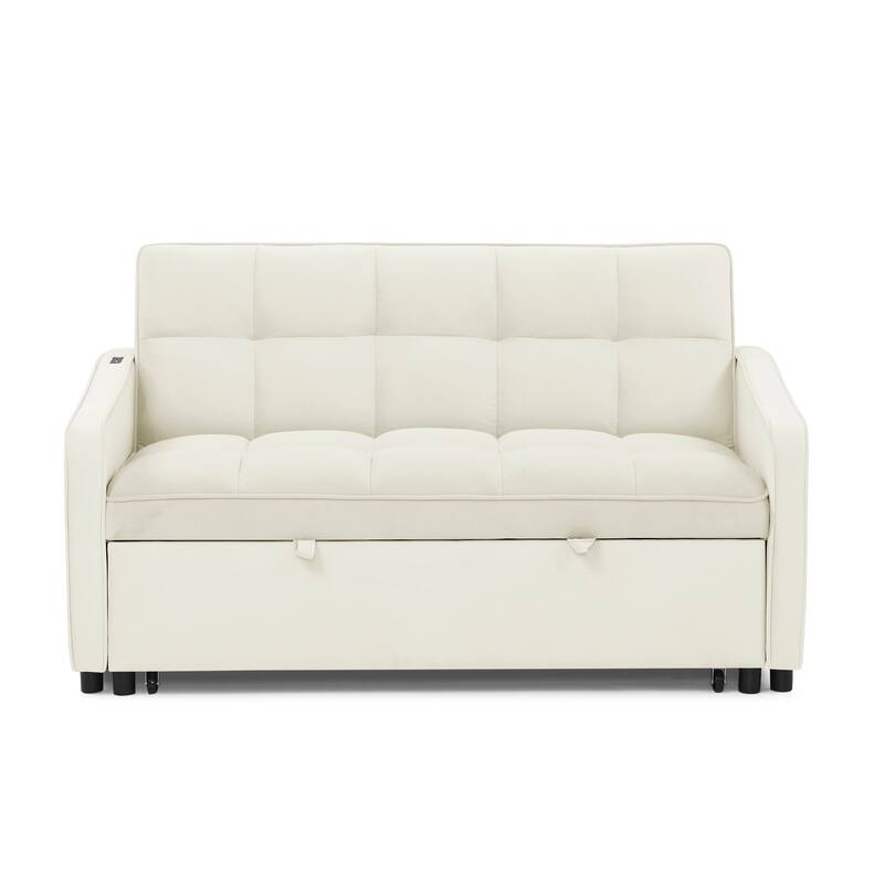 Velvet Sofa Bed with Pull-Out Sleeper and USB Charging Ports for Living Room or Guest Room