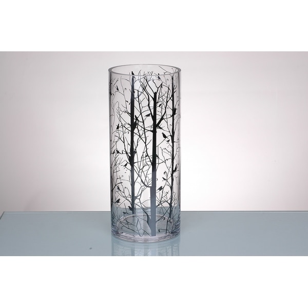 14" Clear Cylindrical Glass Vase with Printed Branches Design - N/A