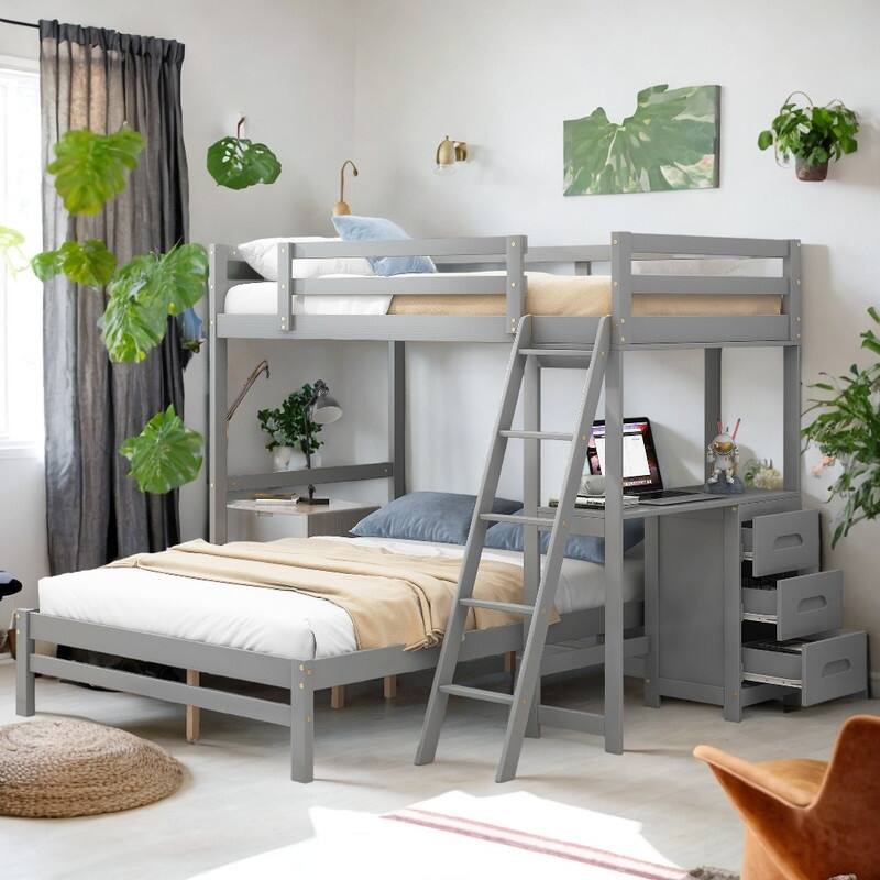 Twin over Full Storage Bunk Bed with Built-in Desk and Three Drawers For Small Space