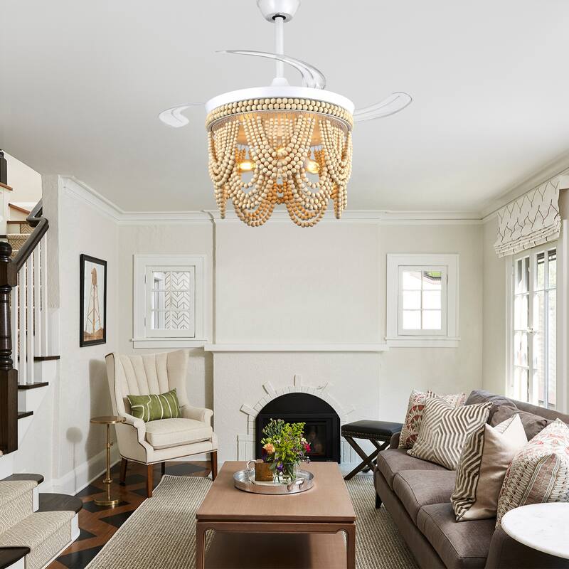 Cusp Barn 42" Retractable Ceiling Fan with Light, Farmhouse Wooden Bead Chandelier, Quiet DC Motor 6 Speeds Bohemian Ceiling Fan