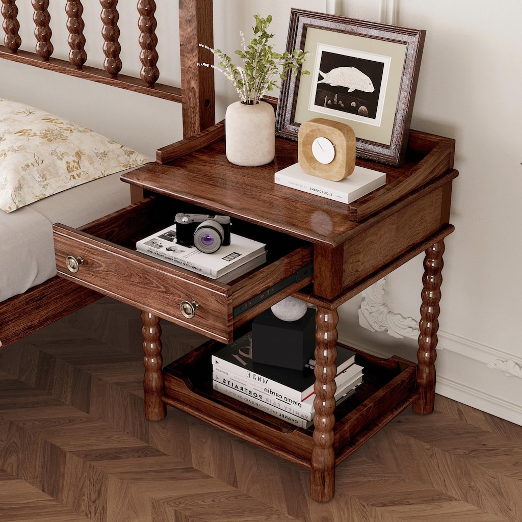 Retro Nightstand with Drawer & Shelf, Walnut Bedside Table, Turned Legs