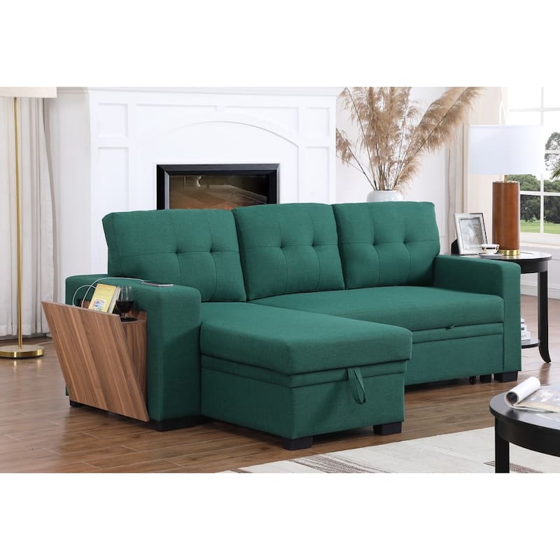 Linen L-Shaped Convertible Sectional Sofa Bed with Storage and Wooden Accent