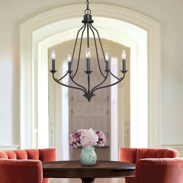 Regan Modern Farmhouse 5 light Black Metal Chandelier French Country Candle Arms Dining Room Lighting D24 x H88.5 On Sale Bed Bath Beyond 35372503