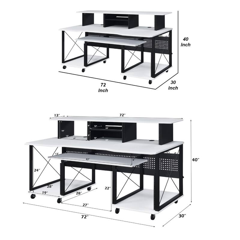 72 Inch Music Desk Workstation, Crossed Metal Panels, Keyboard Tray, White