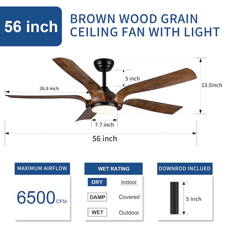 YUHAO 66 in. Integrated LED Farmhouse Indoor Brown Smart Ceiling Fan with Distressed Wood Blades and Remote Control