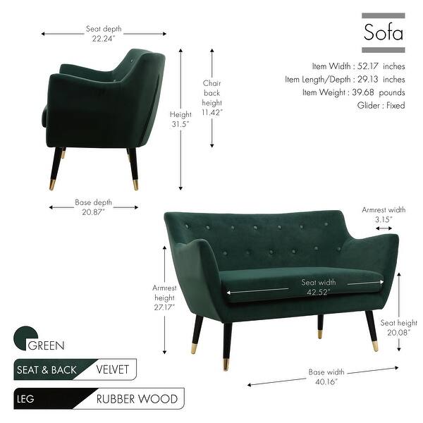 dimension image slide 0 of 4, Porthos Home Dulce Small Sofa For Living Room, Velvet, Wooden Legs