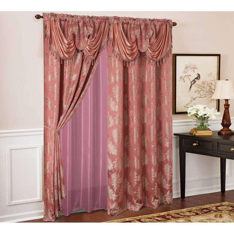 Gracewood Hollow Bao Textured Floral Jacquard Single Rod Pocket Curtain Panel w/ Attached 18-inch Valance - 54 x 84 in. - Rose