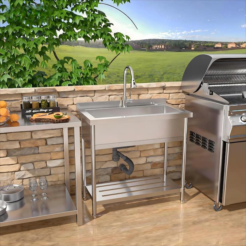 36 Inch Freestanding Integrated Single Bowl 18 Gauge Stainless Steel Kitchen Sink with Pull-Out Faucet - 36'' x 21'' x 35.5''