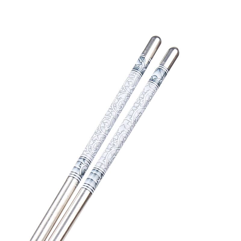 8.9" Length Gray Vine Pattern Stainless Steel Chopsticks Pair - Siver Tone, Gray