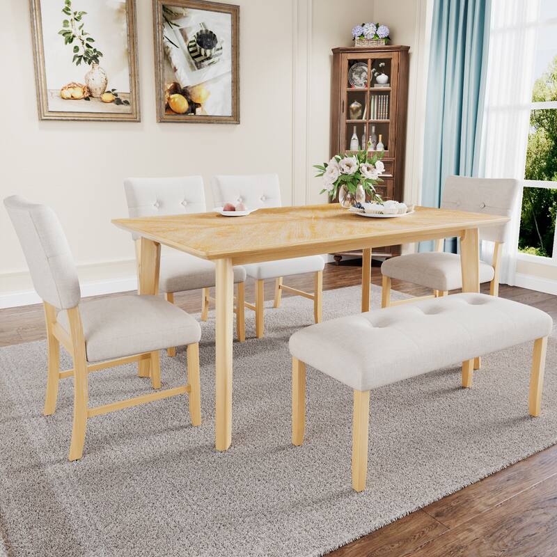 6 Piece Dining Room Table Set, Rustic Farmhouse Dining Room Rectangular Table with 4 Upholstered Chairs and Bench