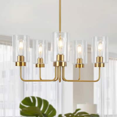 5-Light Hanging Linear Chandelier Lighting Fixture Foyer Pendant with Glass Shade for Kitchen Island