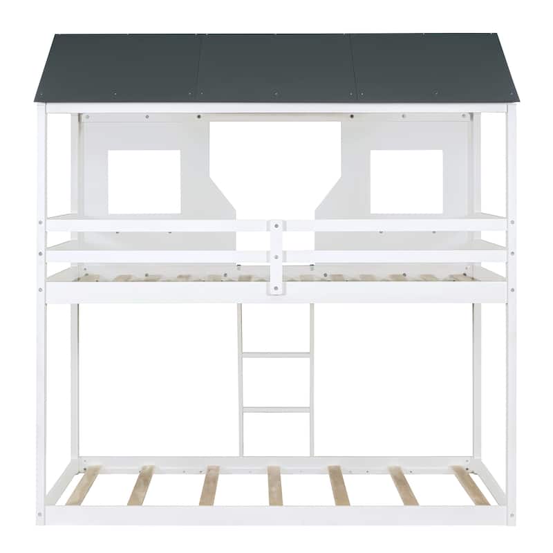 Twin Over Twin Bunk Bed Wood Bed with Roof, Window, Guardrail, Ladder (White)(OLD SKU :LP000056AAK)