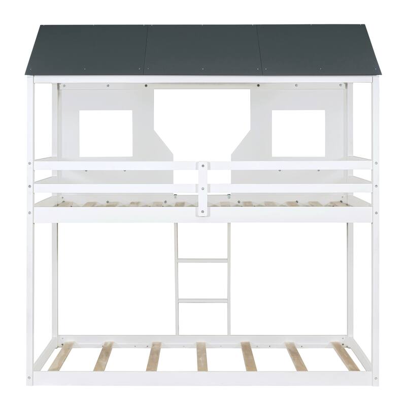 Twin Over Twin Bunk Bed with Roof, Window, Guardrail, and Ladder in White