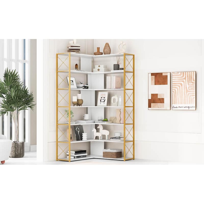 Industrial 7-Tier Bookshelf, L-Shaped Corner Bookcase with Metal Frame