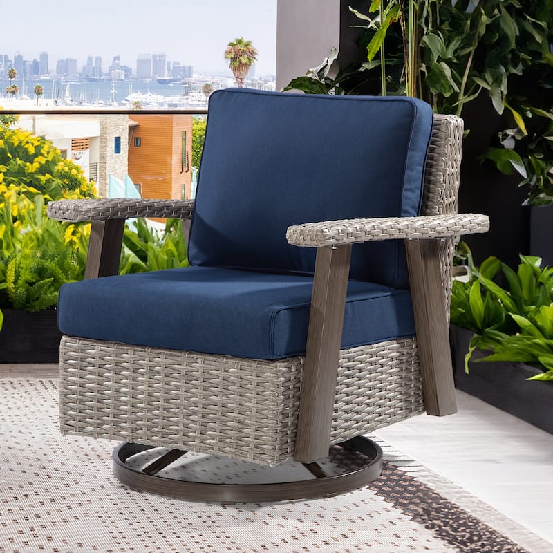 Cozywor Wicker Patio Outdoor Rocking Chair Swivel Lounge Chair - Dark Blue