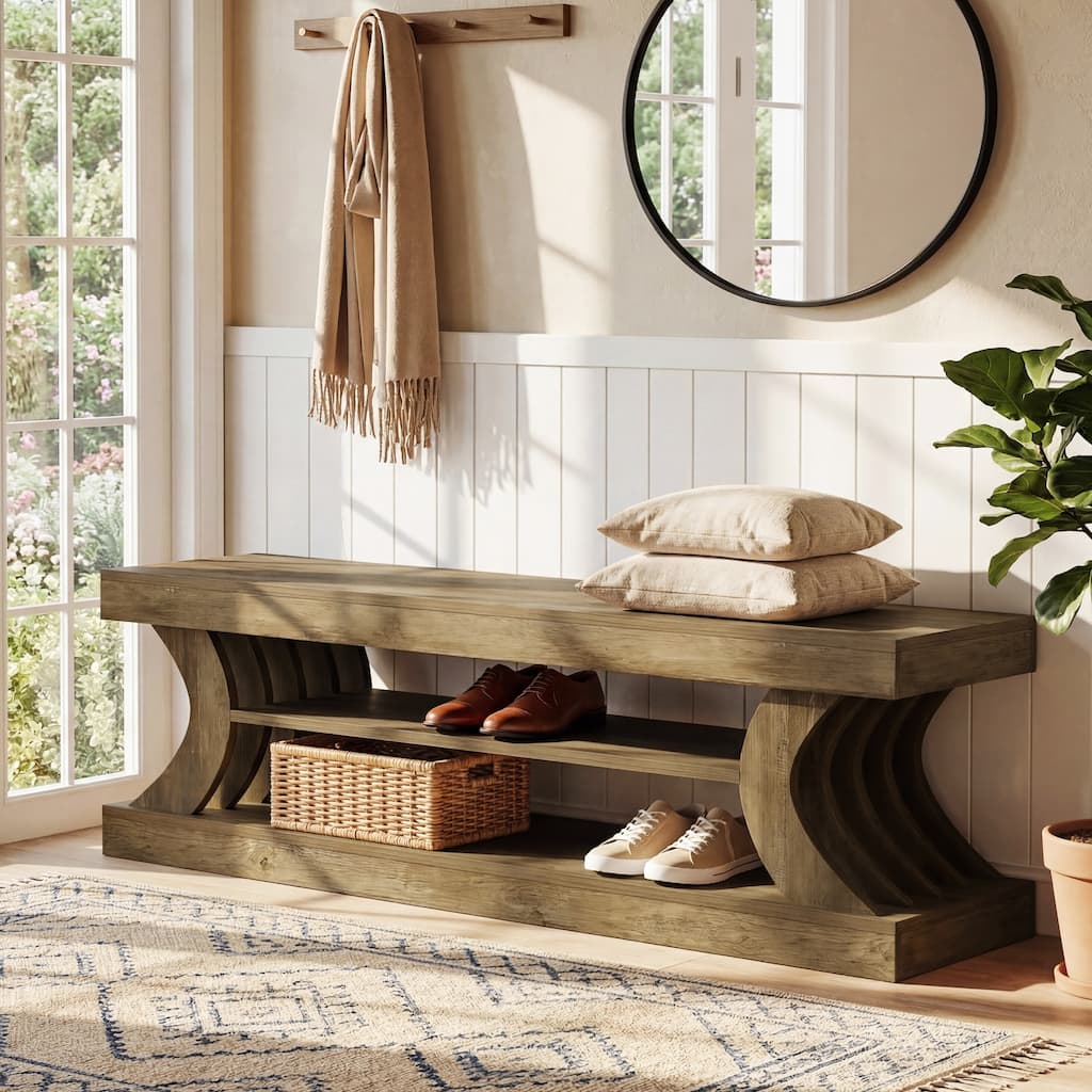 63" Entryway Bench, End of Bed Bench with Shelves, Shoe Storage Bench for Bedroom, Foryer, Hallway