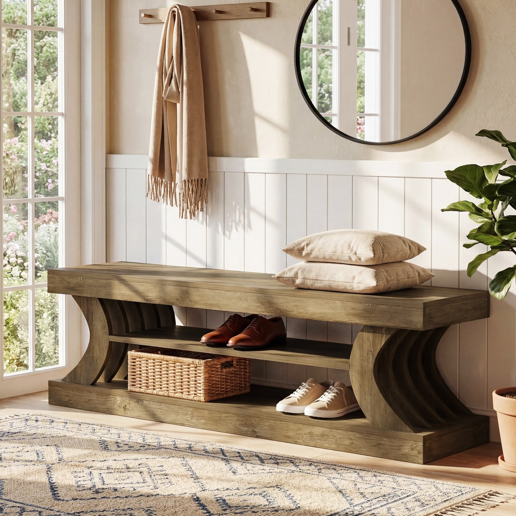 63" Entryway Bench for 3-4 Person, 3-Tier End of Bed Bench