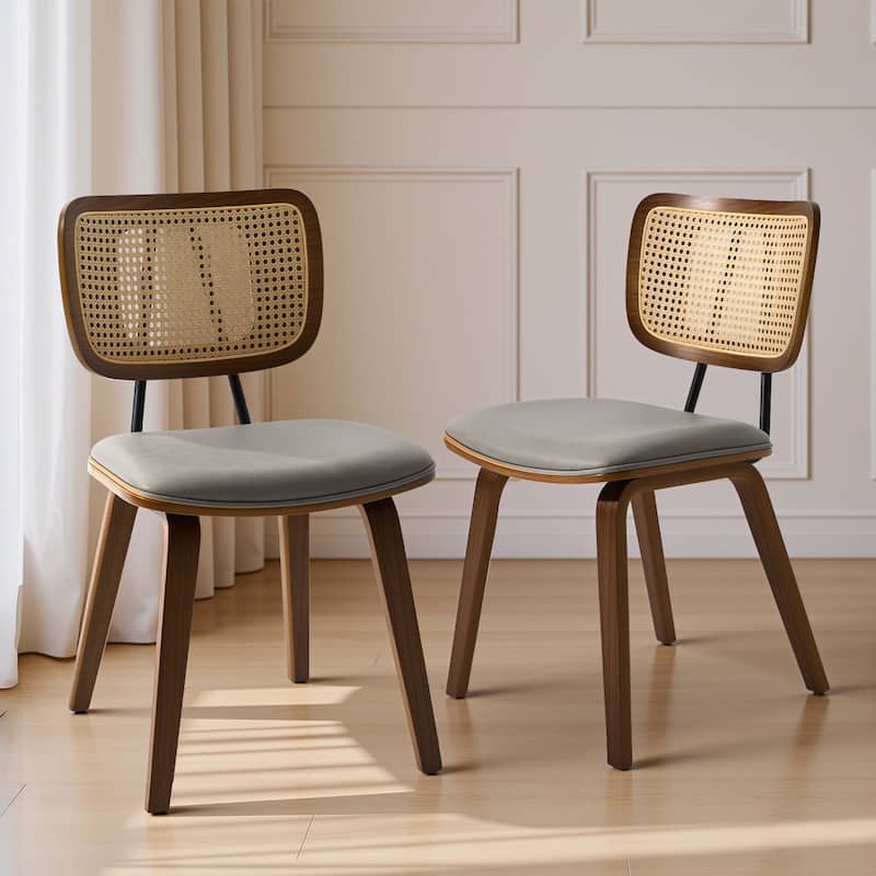 Faux Leather Upholstered Dining Chairs Set of 2/4 with Wood Legs - 32.3"H x 18.5"W x 21.8"D - Set of 2 - Grey-Rattan back