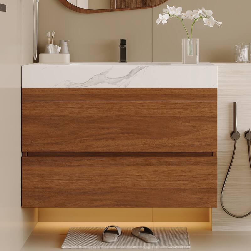 29.9" Modern Floating Bathroom Vanity with Faux Marble Top and Ceramic Undermount Sink, Wall-Mounted for Small Bathrooms