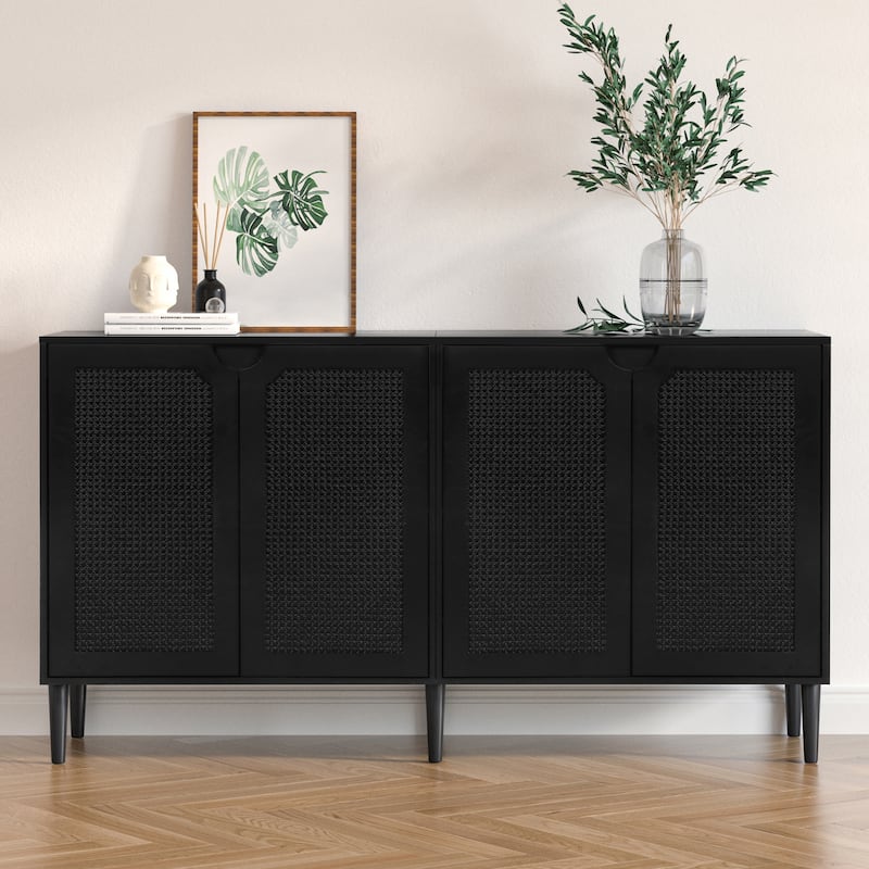 Anmytek 4-Door Black Rattan Buffet Sideboard Modern Accent Storage Cabinet with Adjustable Shelf - 63" W x 15.7" D x 35.4" H