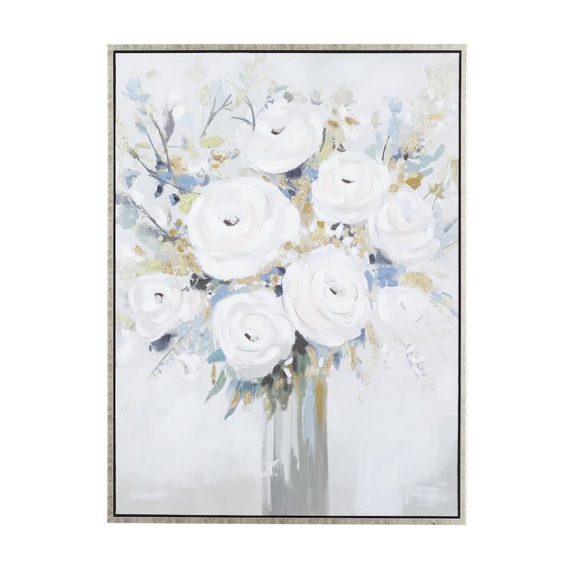 Canvas Floral Bouquet Framed Wall Art with Silver Frame - White - Roche River Decor