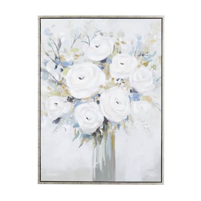 Canvas Floral Bouquet Framed Wall Art with Silver Frame - White - Roche River Decor