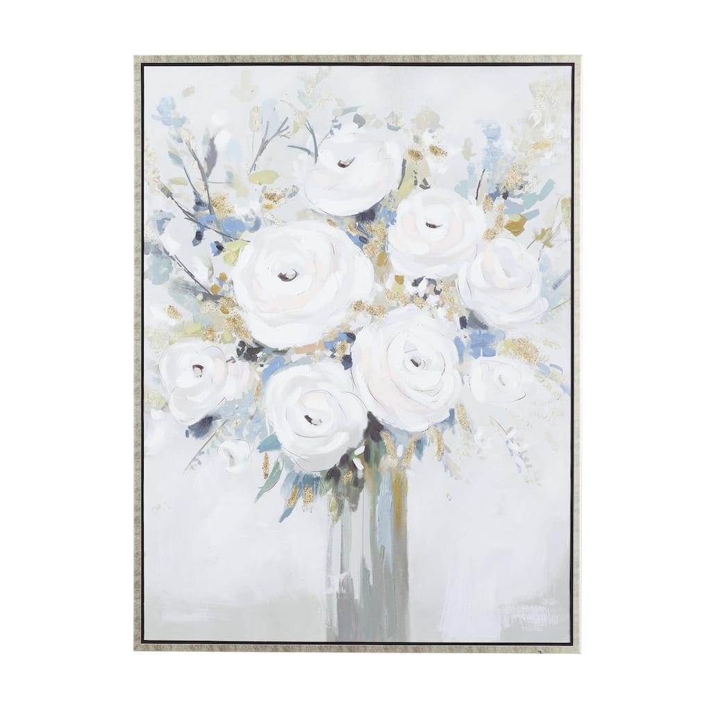 Canvas Floral Bouquet Framed Wall Art with Silver Frame - White - Roche River Decor