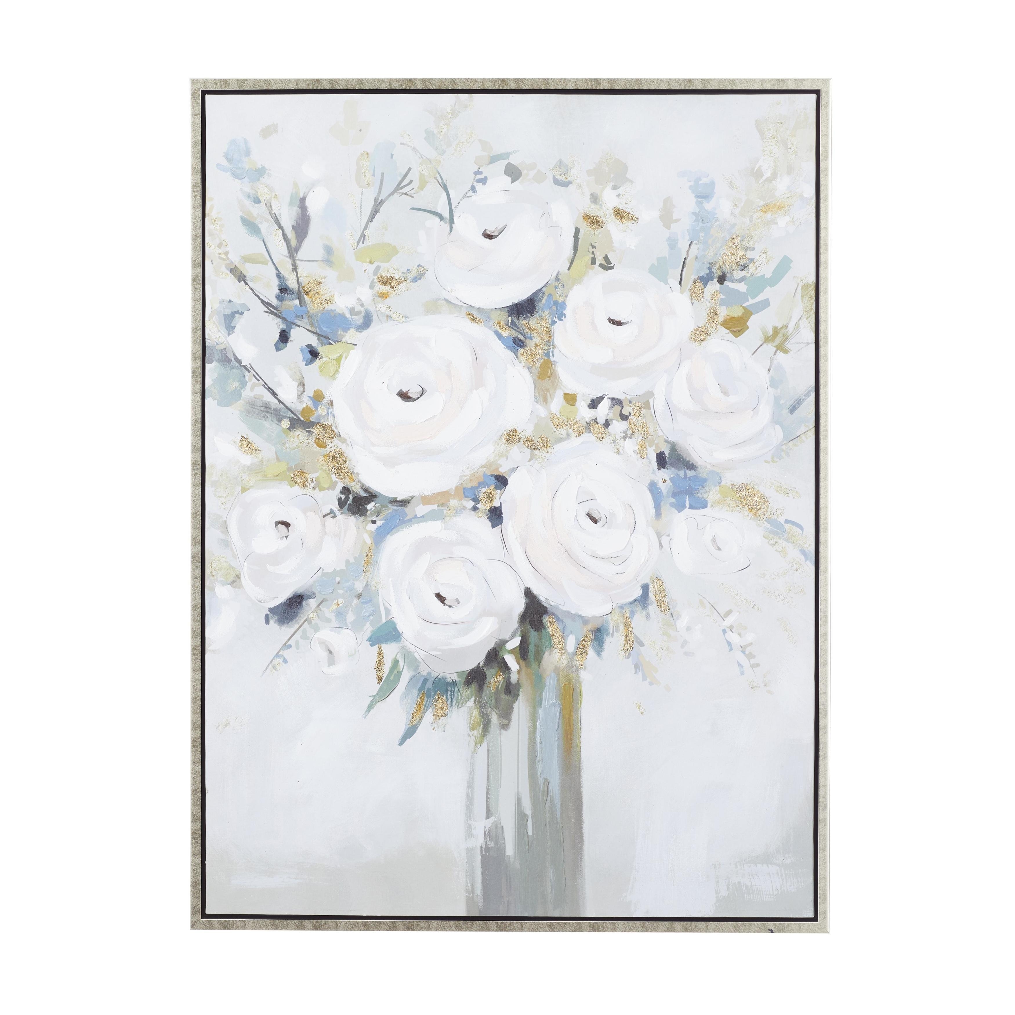 Canvas Floral Bouquet Framed Wall Art with Silver Frame - White - Roche River Decor