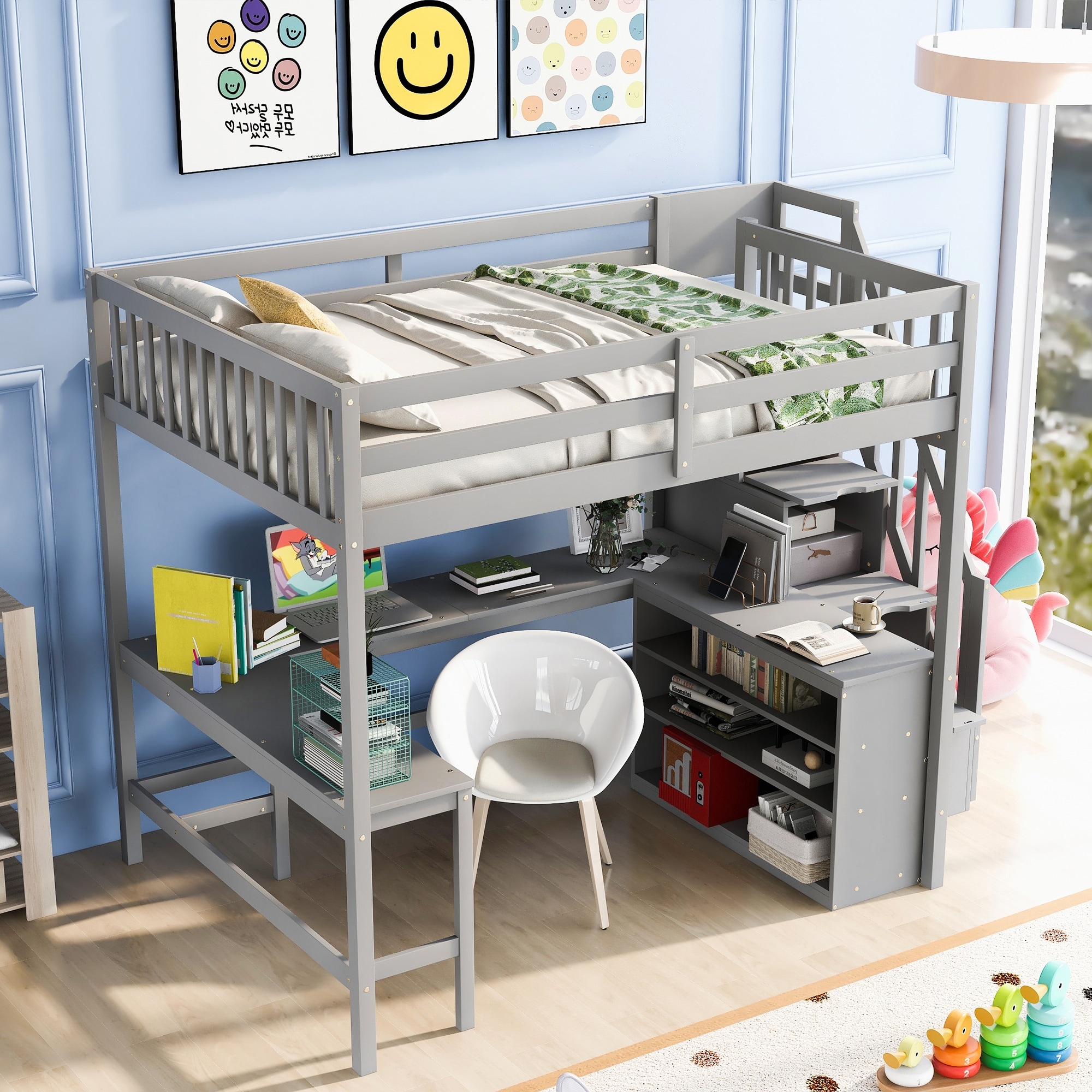 Full Size Loft Bed with Built-in L-Shaped Desk and 3-Tier Storage Shelves, Solid Wood Loft Bed Frame with Storage Staircase Grey