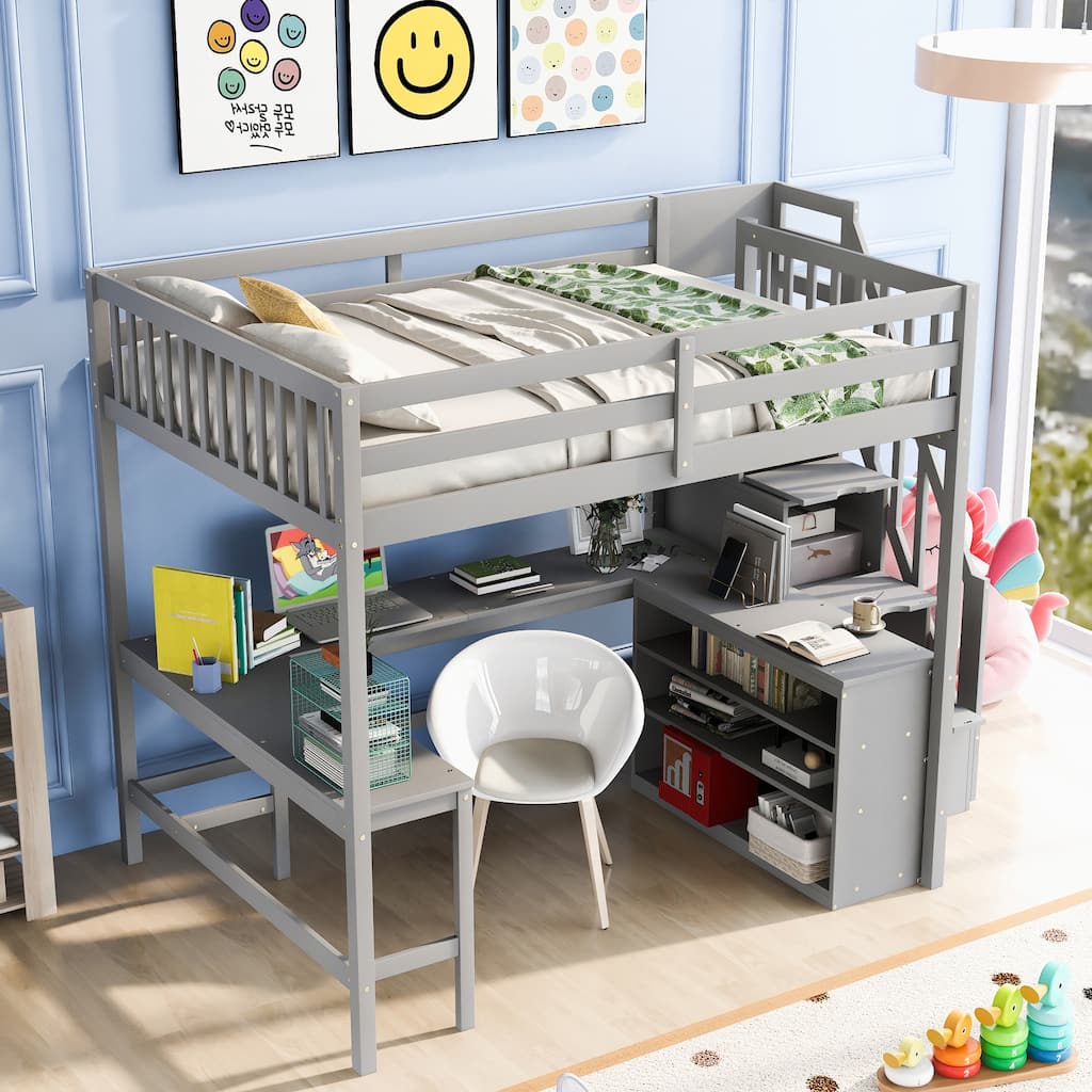 Full Size Loft Bed with L-Shaped Desk, Storage Shelves, and Staircase, Gray