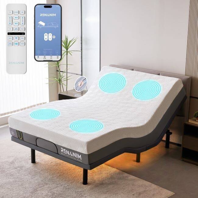Renanim Adjustable Bed Frame with 14-inch Hybrid Mattress, Dual Massage, USB Ports, App Control, Underbed Light, Remote - Twin XL