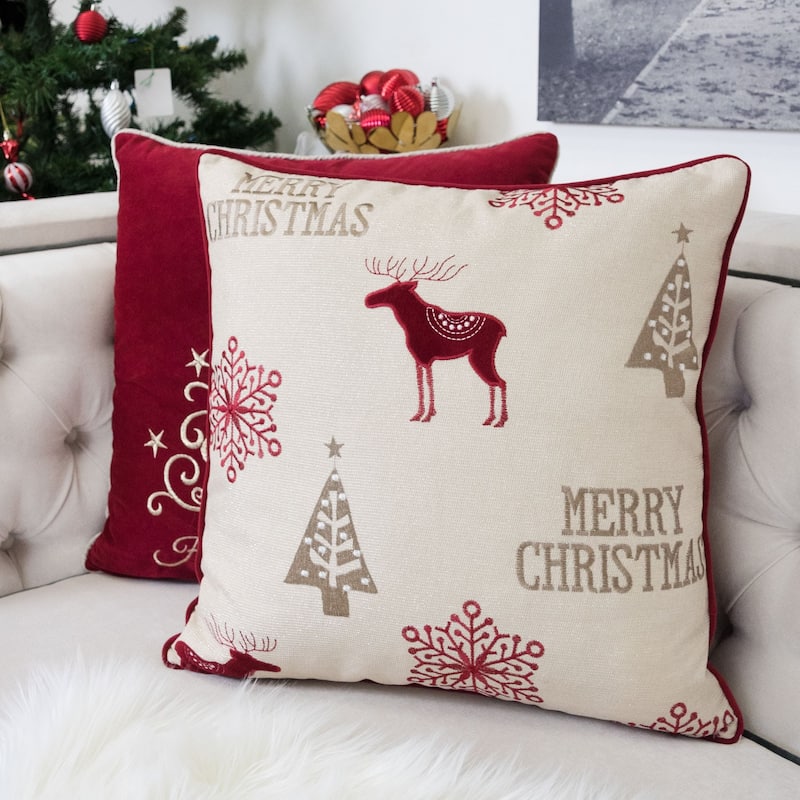 Merry Christmas Embroidered Poly Linen Throw Pillow - 20x20" Holiday Cushion with Reindeer, Trees & Snowflakes
