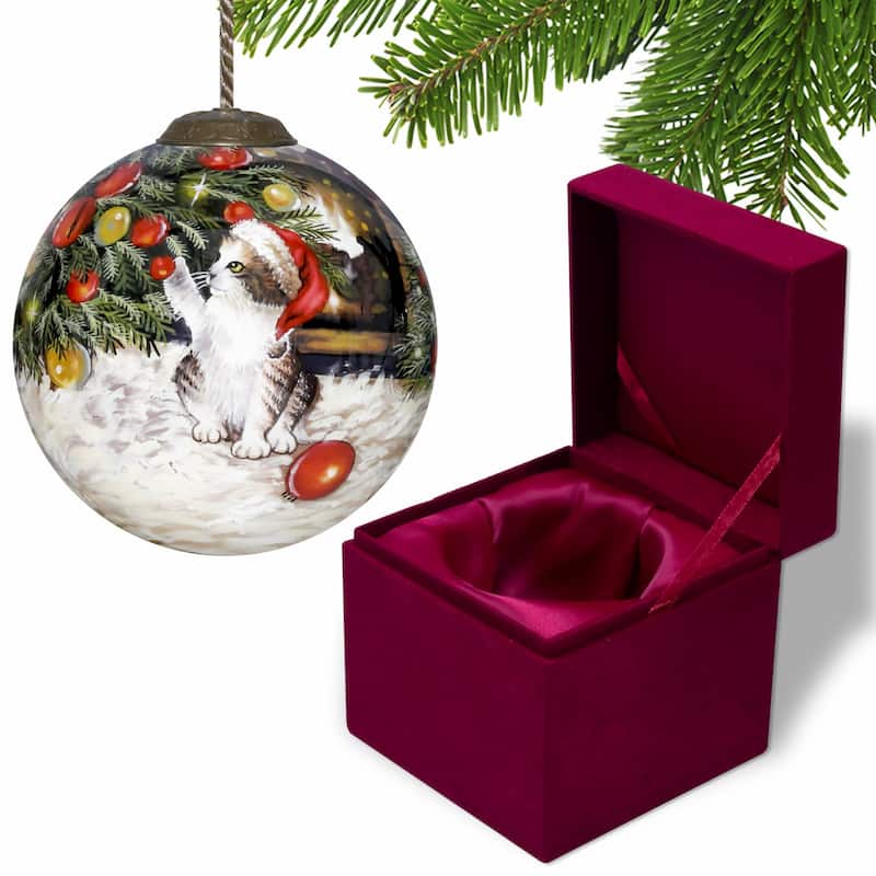 Kitten under the Christmas Tree Hand Painted Mouth Blown Glass Ornament - 3" x 3" x 3"