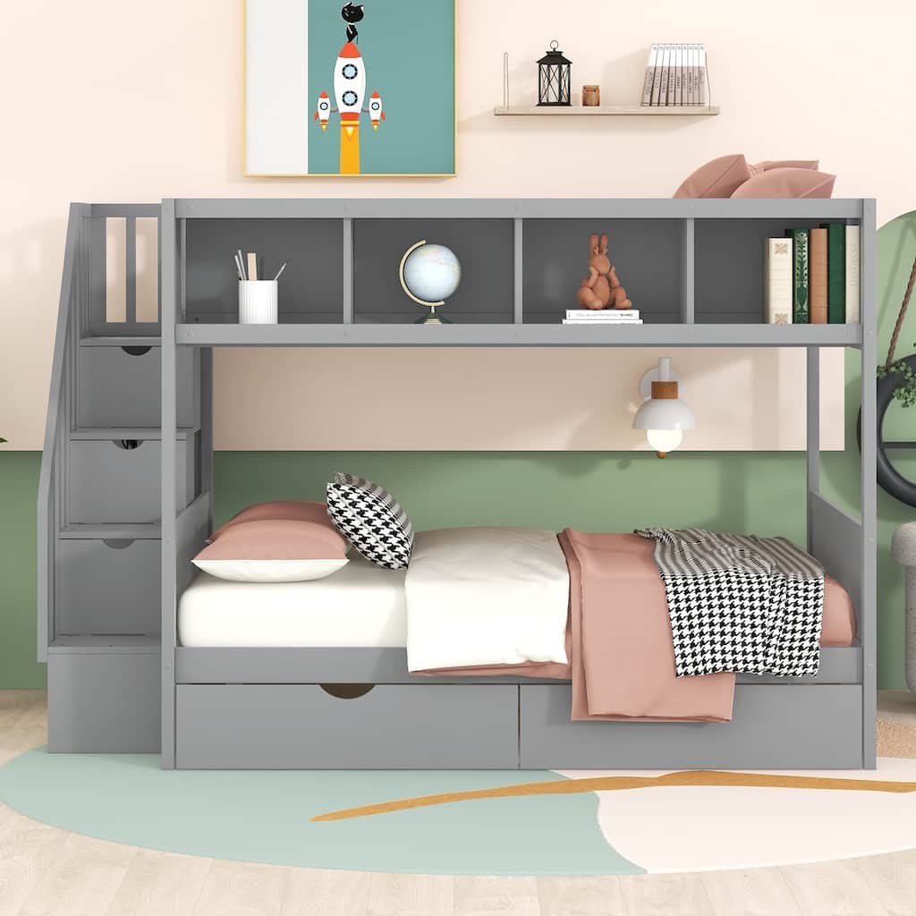 Space-Saving Twin Over Full Bunk Bed with Built-In Shelves and Storage Staircase, Modern Wooden Bunk Bed with 2 Drawers