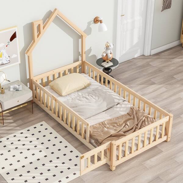 slide 2 of 48, Twin House-Shaped Headboard Floor Bed with Fence, Fun & Safe Kids Bed Twin Natural