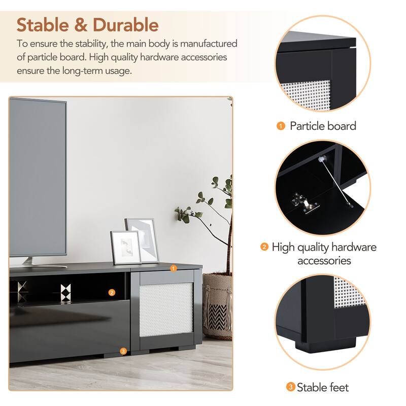 3-Piece Extended TV Stand with Color-Changing LED Lights - Rattan Style, Push-to-Open Doors, 82" Entertainment Center