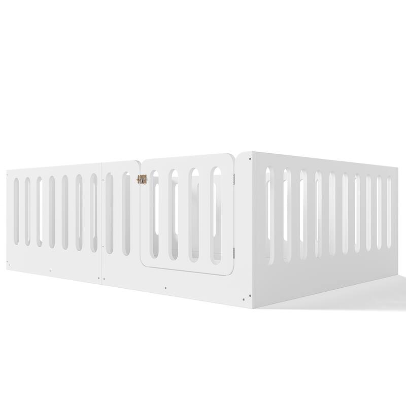 Toddlers Montessori Floor Bed with High Fence, Door, Low Profile Platform Bed Frame for Kids with No Box Spring Needed, No Slats