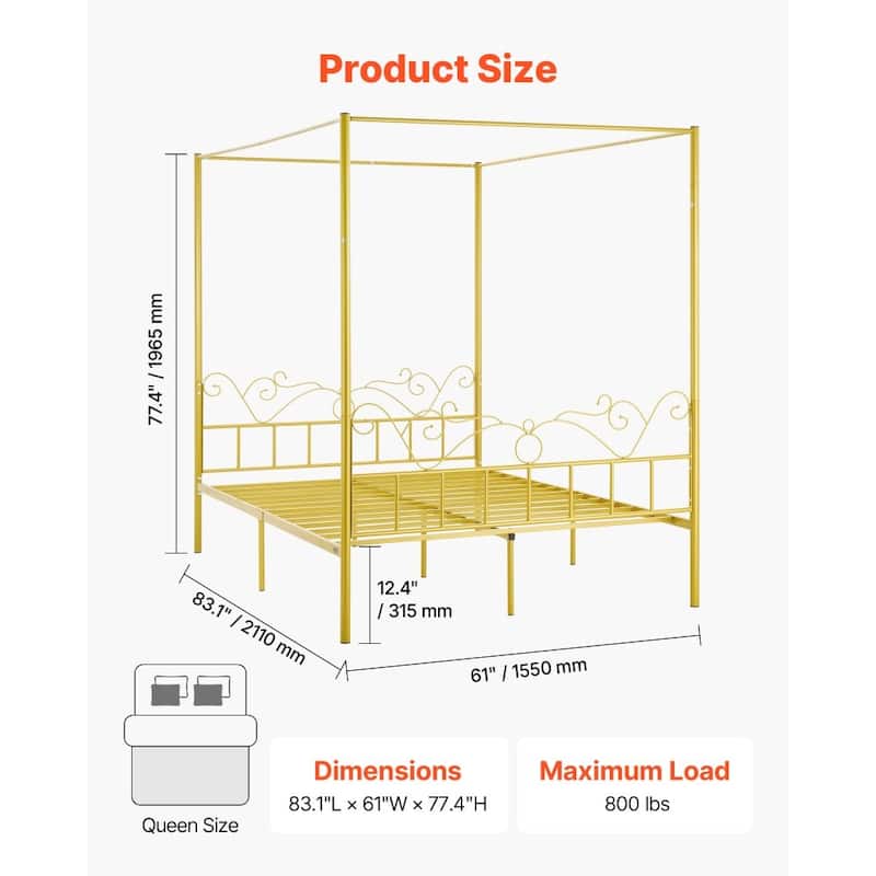 Gold Metal Queen Canopy Bed with Storage, Quiet Design and DIY Rails