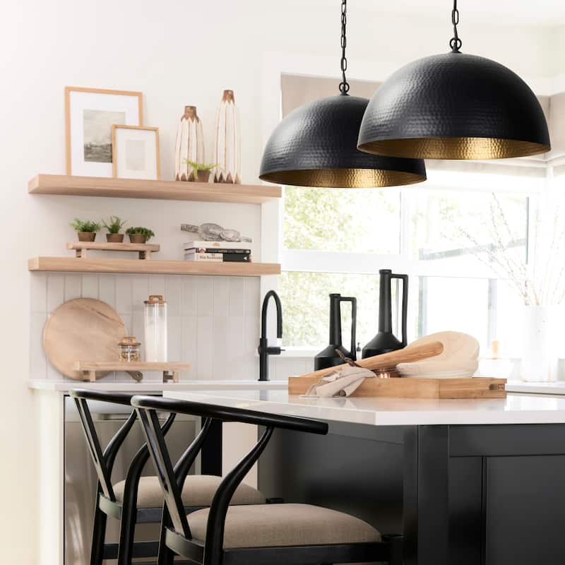 Karina Matte Black and Gold Hammered Metal Dome Pendant Light