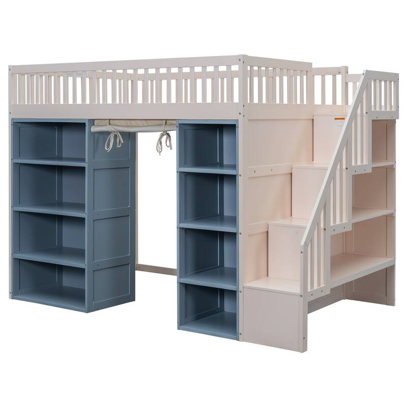 Full Loft Bed with 3-Tier Staircase Storage, 2 Four-Layer Cabinets, and Blackout Curtain, Solid Pine Wood Frame