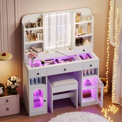 43.2" Vanity Desk with LED Mirror and Lights, Dressing Table with 5 Drawers ,Storage Shelves and Stool for Bedroom, White