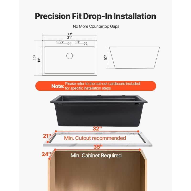 33" Top-Mount Black Kitchen Sink Granite Single Bowl with Roll-Up Rack and Cutting Board - 33" x 22" x 10"