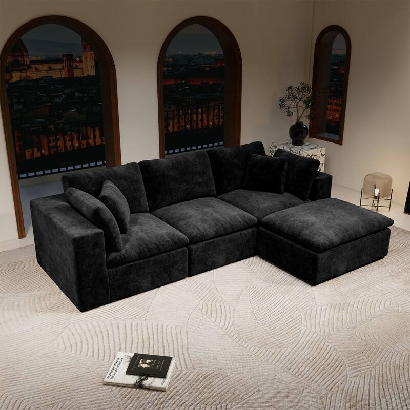 Roomfitters 108.3" Modular Sectional Sofa, 4-Piece Compressed Cloud Couch, No Assembly Required, Plush Corduroy, Black - Black