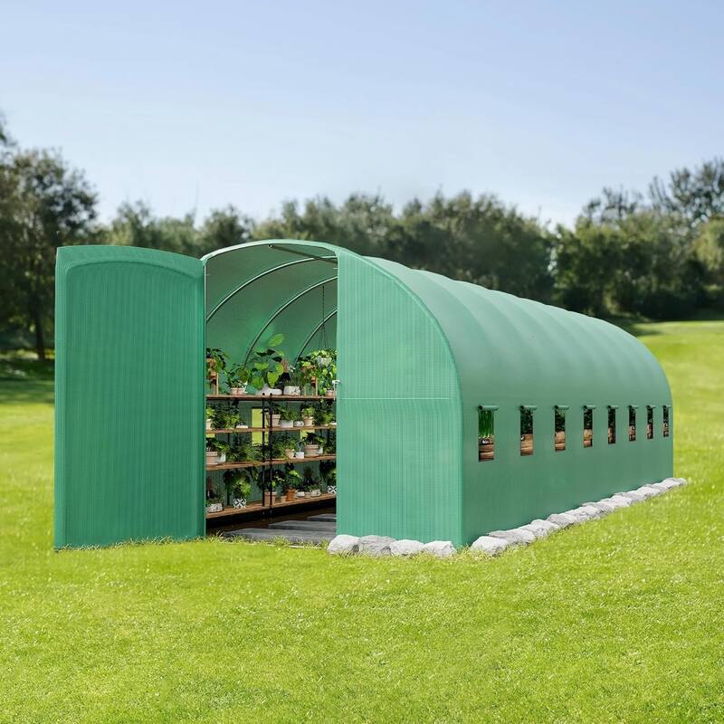15X7x7 Ft Large Walk-in Outdoor Greenhouse with Swing Door & 8 Mesh Windows, Green - W200*D450*H200cm - W200*D450*H200cm