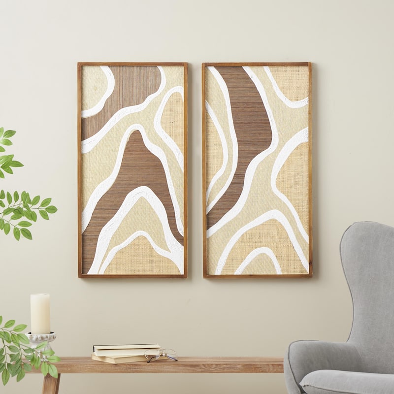 Wood Abstract Textured Wavy Home Wall Decor with White and Tan Accents - Set of 2 Brown - Roche River Decor